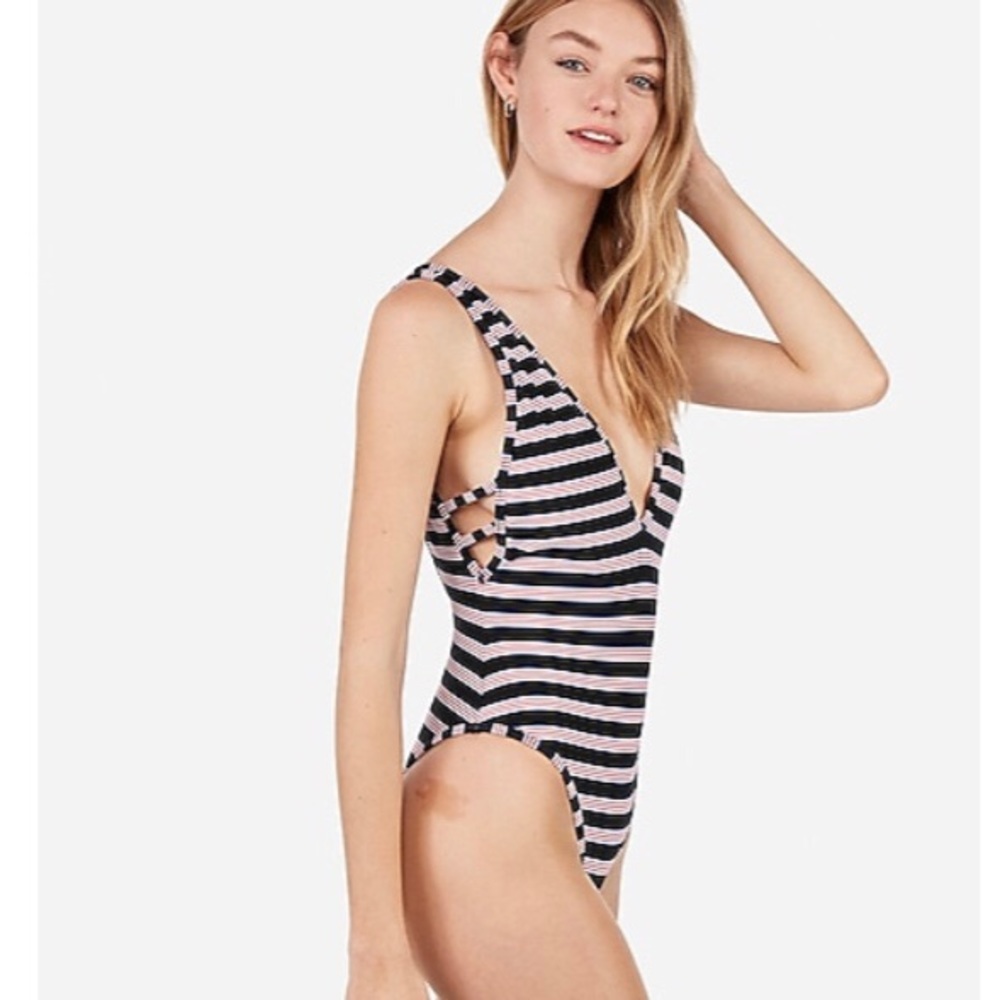 Express Striped Cheeky Deep Plunging Neckl…